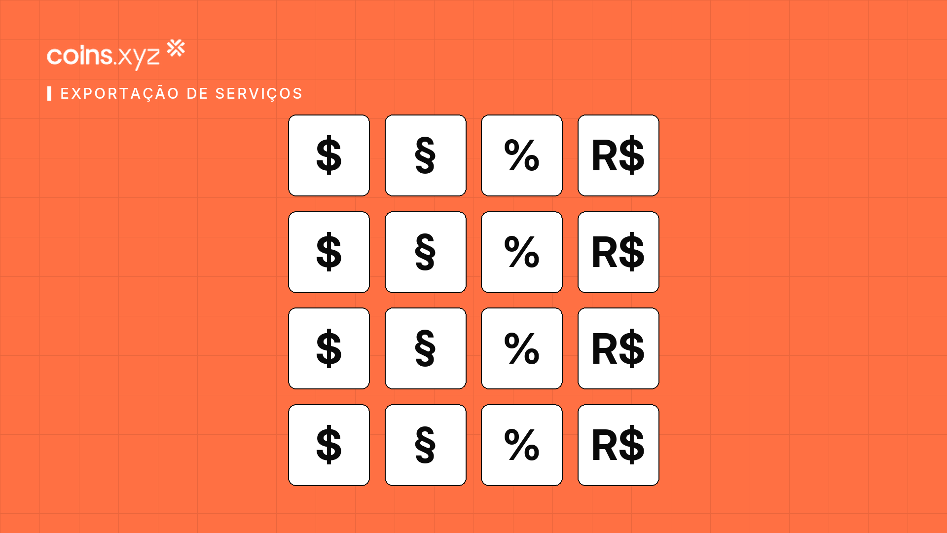Painel laranja com dezesseis azulejos brancos em grade quatro por quatro, repetindo cifrão, parágrafo, porcentagem e real